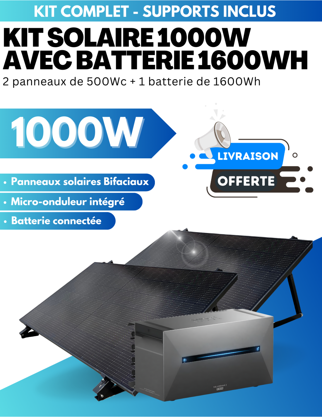 découvrez notre kit solaire avec batterie, une solution complète pour produire et stocker votre énergie de manière écologique. idéal pour les foyers et les aventuriers, ce système innovant vous permet de profiter d'une énergie renouvelable tout en réduisant vos factures d'électricité. facile à installer et durable, optez pour l'énergie verte dès aujourd'hui !